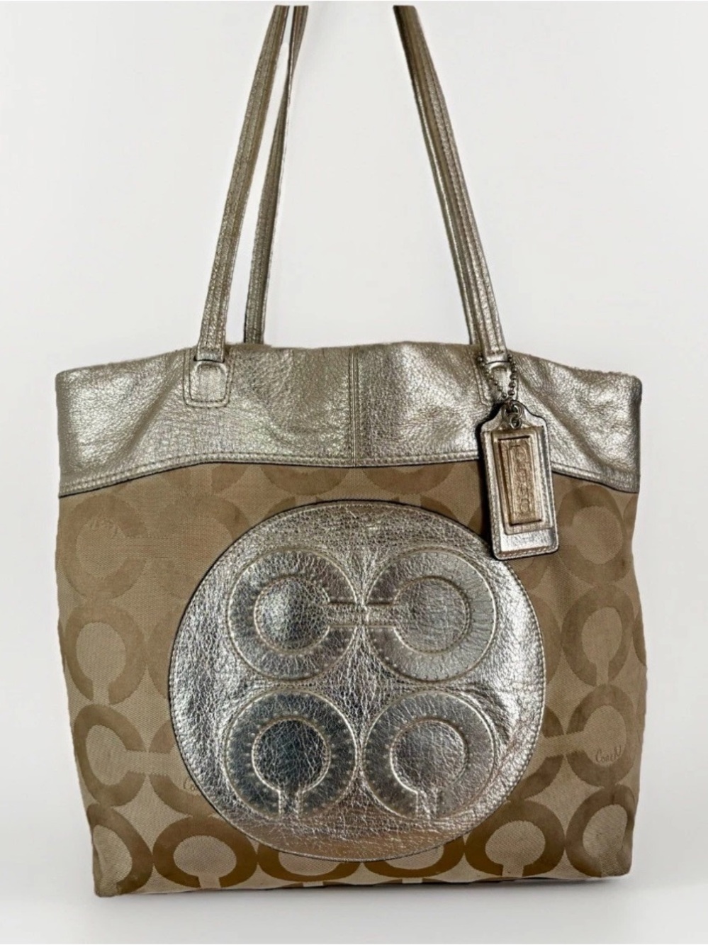 VTG COACH Julia Op Art PERRY Tote Bag Jacquard Leather Logo TAN/METALLIC TAGSx2